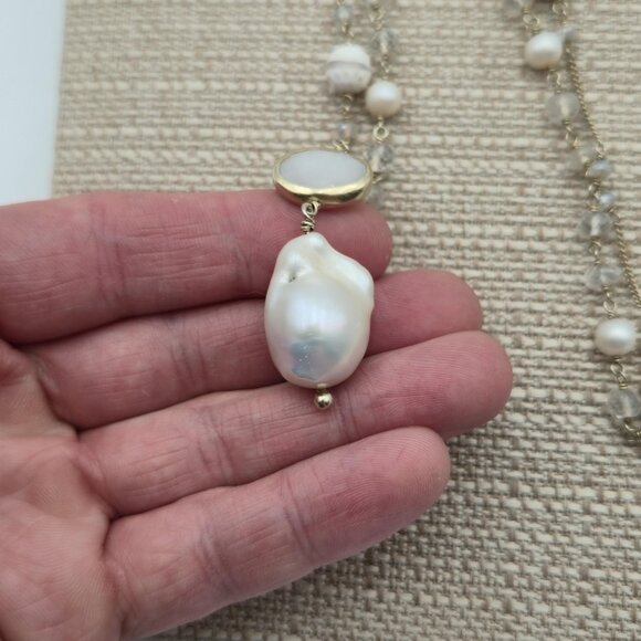 38 Inch Sterling Silver Large Genuine Pearl Long Necklace B499 - Picture 4 of 9